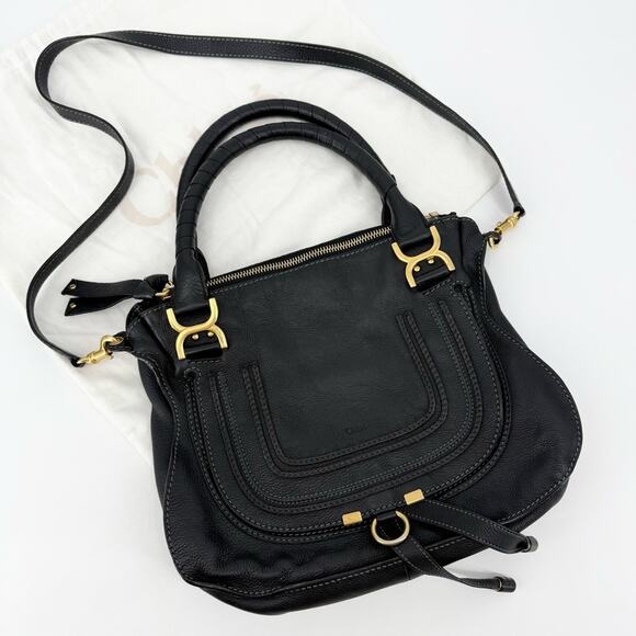 CHLOE Marcie Bag in Black Grained Leather Large Shoulder Handles Crossbody Strap - Picture 4 of 15